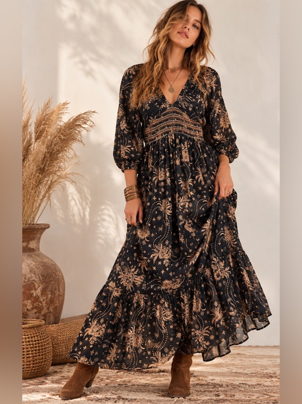 Free People Black Gold Beige Floral Bohemian 70’s  Romantic Maxi Dress Large